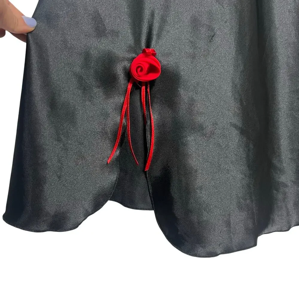 MIA-MIA Slip Dress Lingerie Nightdress Rosette Bow Satin Black Red Womens Size M